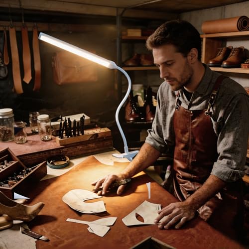 Clip on Desk Lamp, Flexible Arm, 14'' Light‑Bar Dimming Task Light, White