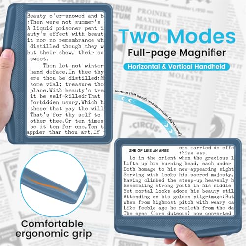 Rechargeable 5X Magnifying Glass for Reading, Large Bright Full Page Magnifier with Light, Handheld LED Dimmable Lighted, Lightweight Book Magnifier for Reading Small Prints Seniors - Blue - color: Blue