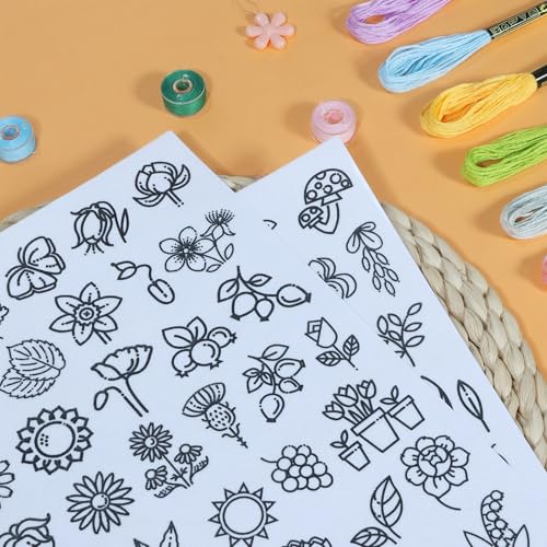 Patemby Embroidery Pattern Water Soluble Embroidery Stabilizers, Stick and Stitch Embroidery Paper Wash Away with Pre-Printed Pattern Designs Stencils Transfers for Hand Sewing Lover Beginner - color: Icon