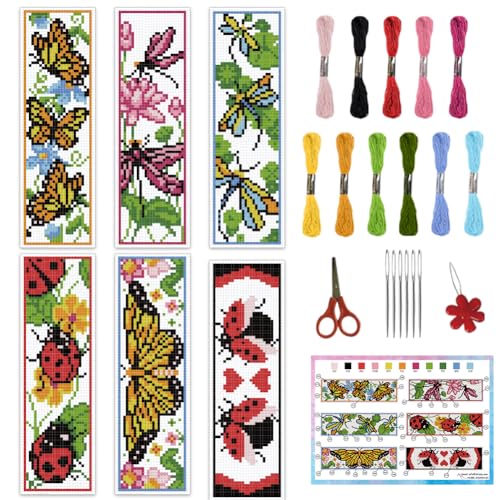 INFUNLY 6PCS Butterflies Cross Stitch Bookmark Kits Insects 8''x2.4'' Bookmark Making Kit Dragonflies DIY Stamped Embroidery Bookmarks for Beginners with Instruction for Book Lovers Reader Writers - style: Butterflies Insect