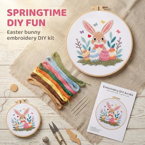 WaFtesh Embroidery Kits for Beginners Adult, DIY Hand Embroidery Cross Stitch Starter Set with Pattern, 3D Rabbit Needlepoint & Cross Stitch 7.9 Inch Hoop Threads, Needles, Instruction - color: Bunny-2