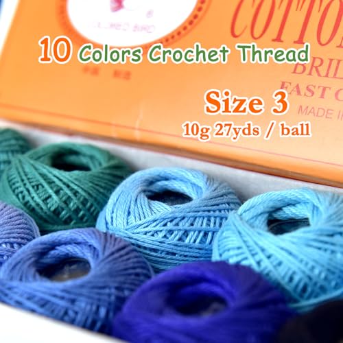 Soft 10 Pearl Cotton Crochet Thread in Balls,Size 3 Rainbow Classic Colors Crochet Thread for Crochet Hardanger Cross Stitch Needlepoint Hand Embroidery (Blue) - color: Blue