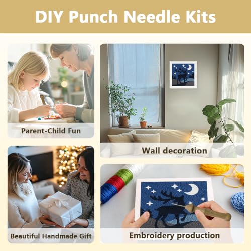Doodlream Deer DIY Punch Needle Embroidery Kit for Adult Beginner, 9.4" Deer Punch Stitching Craft Set for Starter with Frame, Fabric Pattern, Threader, Yarn, Pinch Needle - color: Deer