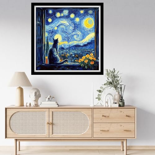 Fanxvivy Counted Cross Stitch Kits for Adults 11CT Unprinted Cross-Stitch Patterns Embroidery Kits Easy Cross Stitching Needlepoint Kits-Cat Admiring Moon on windowsill 18x18 inch - color: DIYcraft01