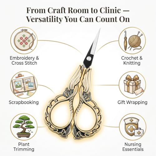 Embroidery Scissors with Cover – Antique Bronze Vintage Small Crochet Scissors, Sharp Wing Design Craft Scissors for Yarn Thread Sewing Needlework, Pretty Gift for Crocheter Quilter, 4.6 Inch - color: Gold