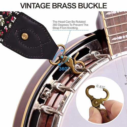 Nefelibata Banjo Strap,2"Wide Double Crazy Horse Leather Jacquard Embroidery Strap Adjustable Replacement,Multi-pattern Strap With Metal Clips - color: A#-leather White Flower Embroidery