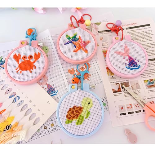 VIGEGU 8 Pack Stamped Cross Stitch Kits for Kids Beginners with Frame - color: Ocean Animal