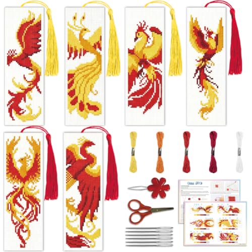 ACRNIGHEET 6PCS Cross Stitch Bookmark Kit for Beginner Stamped Cross Stitch Kits for Adults Phoenix DIY Tassel Embroidery Bookmark Kits Needlepoint Kit with Instructions Craft Gift 8.5''x3'' 11CT - style: Phoenix with Tassel