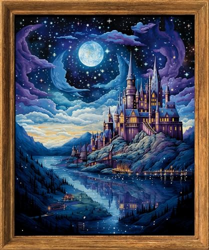 Leczany Cross Stitch Stamped Kits Patterns Craft Kit Needlepoint Full Range of Embroidery Starter Kits Beginners for DIY 11CT 3 Strands | Castle Moon Night 13×17.7 inches - color: 11CT Stamped kits,Castle Moon Night 13×17.1 inches
