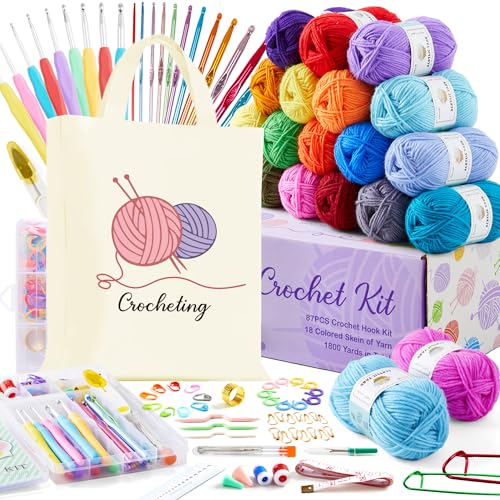 INSCRAFT Crochet Kit for Beginners Adults, 18 Large Acrylic Yarn Skeins 1800 Yards Yarn, 105 PCS Crochet Kit with Hooks Yarn Set,Includes Canvas Tote Bag, Ideal Starter Pack for Professionals - size: 105 Piece Crochet Kit