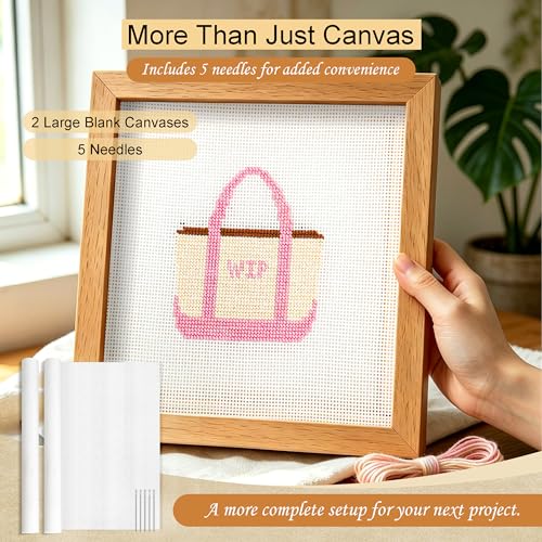 Kaitiaki 13 Mesh Needlepoint Canvas 20 x 18 Inch, 2 Pack 100% Cotton 13CT Blank White Sheets with 5 Needles, No-Fold Rolled Refill Pack for DIY Needlepoint Embroidery Crafts - color: White 13mesh-20x18 in