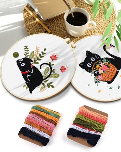 TINDTOP 2 Pack Embroidery Kit for Adult Beginners, Embroidery DIY Starter Kit, with Black Cat and Flowers Stamped Patterns, Hoop, Tools, Colorful Threads with Needles, Instructions - color: Black Cat