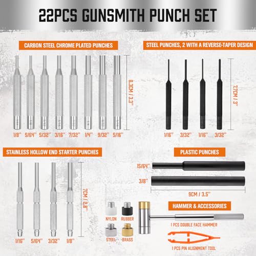 HORUSDY 22-Piece Punch and Hammer Set, Steel Roll Pin Punch Set with Interchangeable Hammer Heads, Durable Punch Tool Kit for Maintenance, with Storage Case