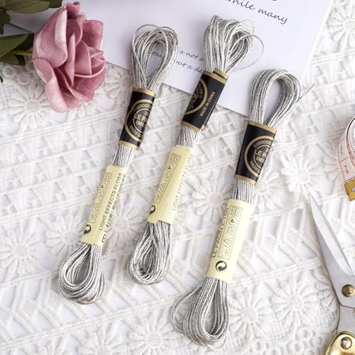 3 Skeins Metallic Embroidery Floss, Glitter Embroidery Thread String, Polyester Cross-Stitch Threads for Hand Embroidery, String Art, DIY Bracelet- Silver - color: Silver