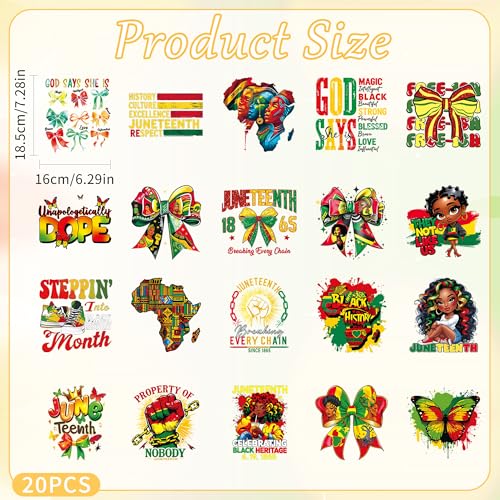 20 Sheets Juneteenth Iron on Transfers for T-Shirts - color: Black Women