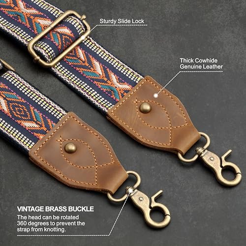 Nefelibata Banjo Strap,2"Wide Double Crazy Horse Leather Jacquard Embroidery Strap Adjustable Replacement,Multi-pattern Strap With Metal Clips - color: A#-ethnic Style Embroidery Orange