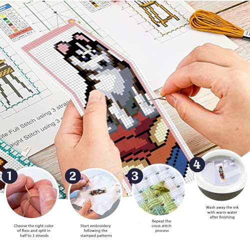 FREEBLOSS 6 Set Cross Stitch Bookmark Kits 11CT 8"x2.4" Books - style: Dog&Books