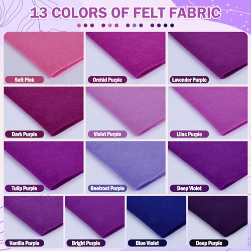 XSEINO 13 Rolls 8"x35" 1.4mm Thick Soft Felt Fabric Sheet 13 Assorted Purple Series Colors Felt Pack for DIY Craft Sewing Squares Nonwoven Patchwork - color: Purple Hues