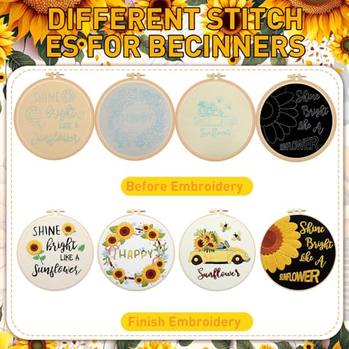 Riceshoot 8 Set Sunflower Embroidery Kits for Beginner Adults Bee Cross Stitch Kit DIY Needlepoint with Pattern Instruction, Hoop, Embroidery Fabric, Thread, Needle, Scissor, Gift for Home Decor - style: Sunflower