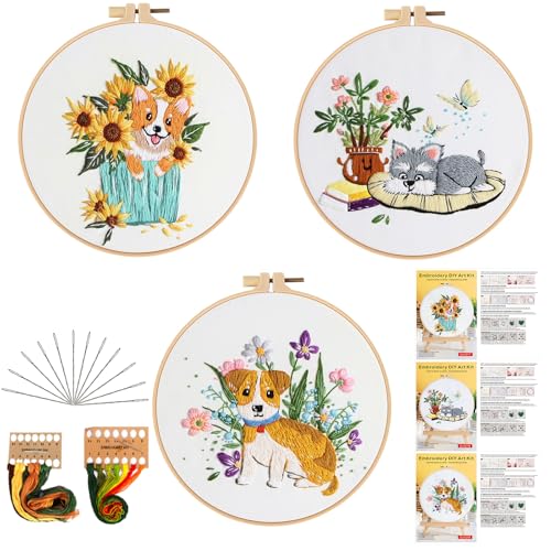 GLTAYLMY Dogs Embroidery Kit for Beginners with Pattern and Instructions,3 Pack Cross Stitch Kits,1 Plastic Embroidery Hoops,Threads and Needles,Needlepoint Kit for Adults - color: Dogs