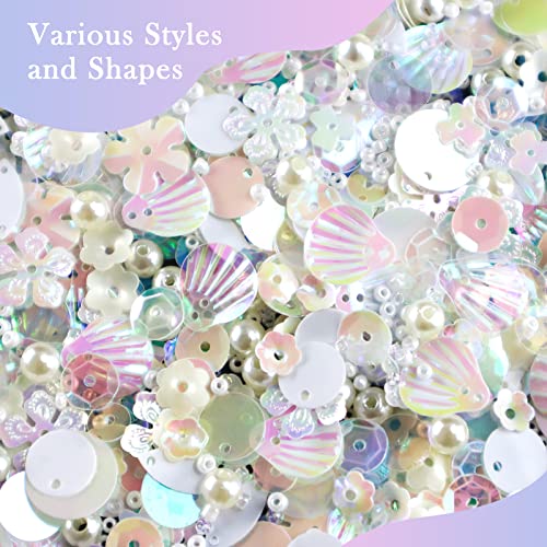 Mixed Clear White Sequins and Spangles Beads Craft Supplies, Crystal Iridescent Spangles and Pearl, Variety Sequins Beads for Crafts, Sewing, DIY Art, Embroidery