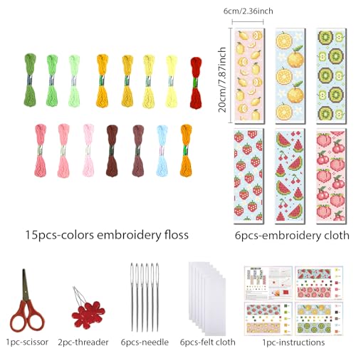 FREEBLOSS 6 Set Cross Stitch Bookmark Kit Stamped Cross Stitch Kit - style: Fruit
