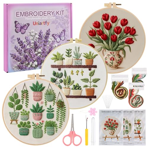3 Pack Embroidery Kit for Adult Beginners, Needlepoint Cross Stitch Kits with Flower and Green Plant Stamped Patterns, Embroidery Hoop, Tools,Colorful Threads,Step by Step Instructions,DIY Starter Kit - color: Embroidery Kit-A