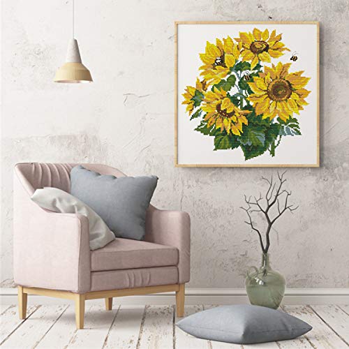 Printed Cross Stitch Kits 11CT 16X16 inch 100% Cotton Holiday Gift DIY Embroidery Starter Kits Easy Patterns Embroidery for Girls Crafts DMC Stamped Cross-Stitch Supplies Needlework Sunflower - color: Stamped 16.1×16.5 inch