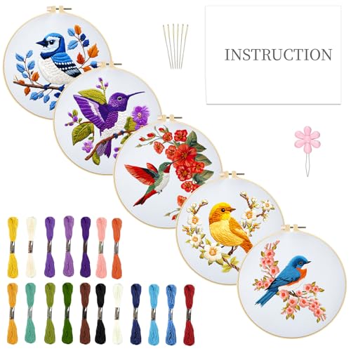 INFUNLY 5 Sets Bird and Flower Embroidery Kits for Beginner DIY Cross Stitch Starter Sets with Instructions Colorful Handmade Needlepoint Kits with Embroidery Cloth Colored Threads Hoops Tools - style: Flowers and birds