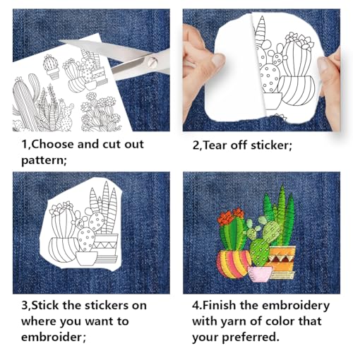 BENECREAT 4Sheets 48Pcs Potted Plants Water Soluble Embroidery, 11.7x8.3inch Cactus Succulents Stick and Stitch Embroidery Paper Stabilizer Water Soluble Hand Sewing for Shirts, Coats, Bags - color: Potted Plants