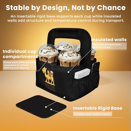 Drink Carrier with Handle – Durable No-Spill Insulated (4 Cup, Black) - color: Jet-Black, size: 4 cup