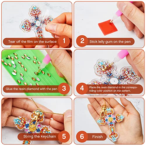 Junkin 12 Pcs Cross Diamond Painting Keychains, 5D DIY Craft Kits - style: Cross