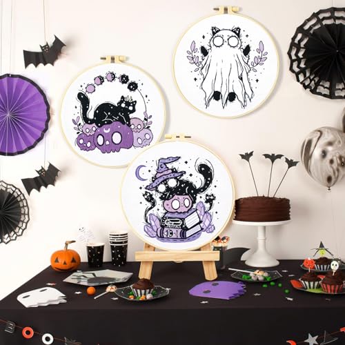 Crafmanoe Halloween Embroidery Kit for Beginners Adults, Skull Cat Stamped Cross Stitch Kit for Adult Beginner, Gothic Ghost Hand Embroidery Needlepoint Kits, 3 Set Embroidery Hoops and Video Tutorial - color: Purple