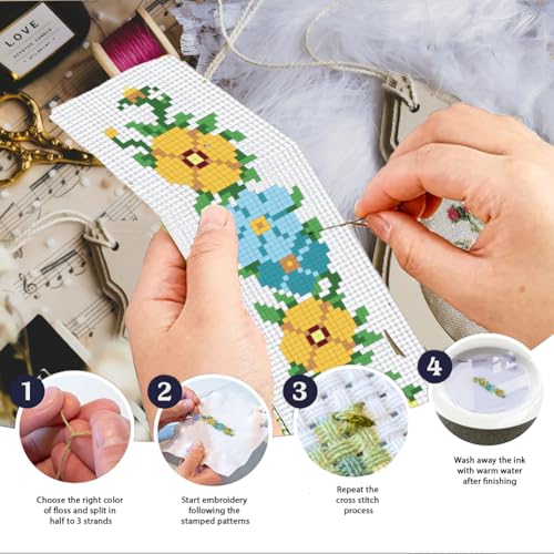 INFUNLY 6 Set Cross Stitch Bookmark Kit Rose Flower DIY Cross Stitch Kit 8"x2.4" Pre-Printed Sunflower Stamped Embroidery Bookmark with Instruction for Beginners Book Lovers Adults Craft Gift - style: Flowers
