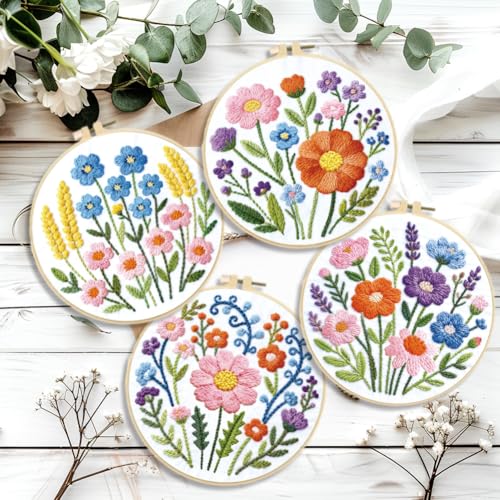 ORIGACH 4 Pack Easy Flower Embroidery Kit for Beginners - style: Easy Flower