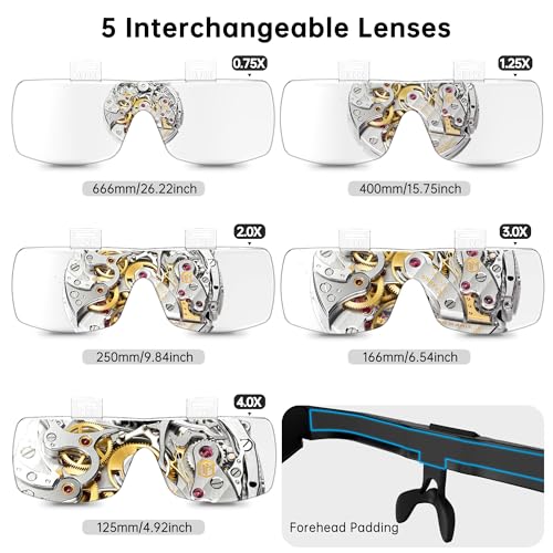 Magnifying Glasses with Light,0.75X-4.0X Magnifying Headset | Detachable 5 Lenses,3 LED Lights,Rechargeable Magnify Glasses, Hands Free Headband Magnifier for Close Work Hobby Crafts for Jewelry - color: Black
