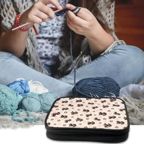 Kathyboom Dachshund Paw Print Crochet Hooks Case - Large Empty Zipper Bags - Portable Travel Storage Bag Organizer with Web Pocket and Crochet Holder Slots for Needles - color: Dachshund Paw Print