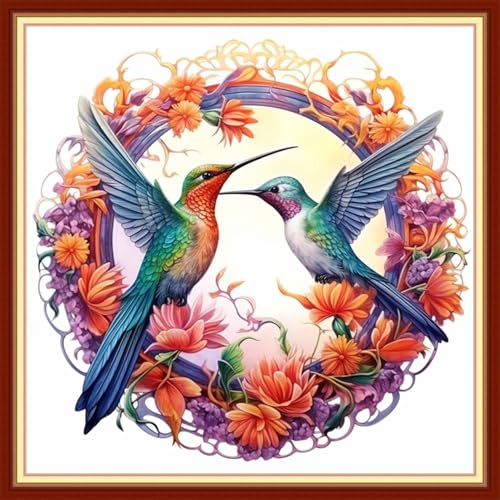 Magxvouy Cross Stitch Kits Stamped Full Range of Embroidery Kits,Cross Stitch Patterns Needlework Kits for Beginners 11CT Printed Kits&Hummingbird Wreath18x18 inch - color: Artcolor16