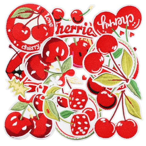 16pcs Cherry Iron/Sew on Patches, Cute Sweet Embroidered Applique, Red Decoration for Clothes, Hat, Bag, Jeans, Dress, Shirt - color: 16pcs Cherry
