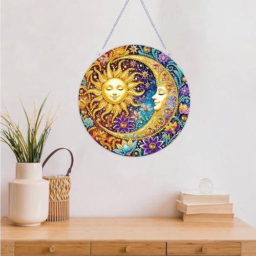 ZeeLionArt Hanging Diamond Art Kits for Adults,Sun and Moon Pendant Diamonds Painting Art Kit,7.1x7.1inch Acrylic Diamonds Painting Board Kit Ornament, Special Crystal Diamond Hanging Ornament - color: DP04159