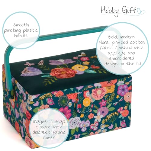 Hobby Gift Medium Sewing Box Organiser, Fabric Covered Storage Box with Handle, Internal Tray, Pin Cushion and Pocket for Sewing, Quilting and Knitting Supplies - color: Floral Garden
