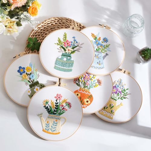 GLTAYLMY 3pcs Embroidery Starter Kit with Vase Pattern, Stamped Cross Stitch Kits for Beginners Adults with Embroidery Hoop and Instructions, Hand Embroidery Kit - color: Floral456