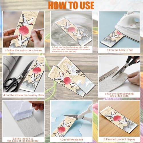 FREEBLOSS 6 Set Cross Stitch Bookmark Kit 11 CT Complete Stamped Cross Stitch Kit DIY Embroidery Bookmark Kits for Adult Beginners with Instructions, Crane Pattern, 6 x 20 cm/8" x 2.4" - style: Crane