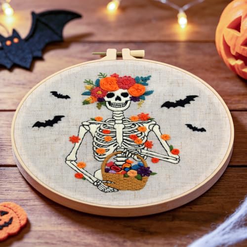 Halloween Embroidery Kits for Beginners Adults, Gothic Skeleton Embroidery Starter Kits, Halloween Cross Stitch Kits Needlepoint Kits for Adults Woman Gifts, Embroidery Hoop, Thread, Video Tutorial - color: H2101