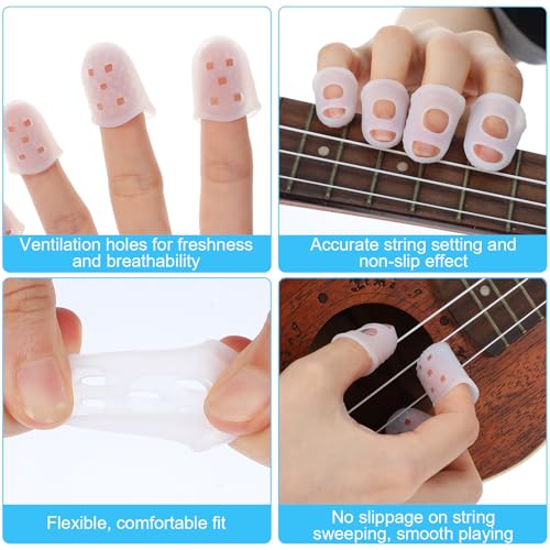 Piriuuo 50 Pcs Guitar Finger Covers, Silicone Finger Tip Protectors Anti-Slip & Breathable Silicone Guitar Fingers Guards for Guitars Playing, Ukulele Bass, and Sewing (5 Sizes, White)