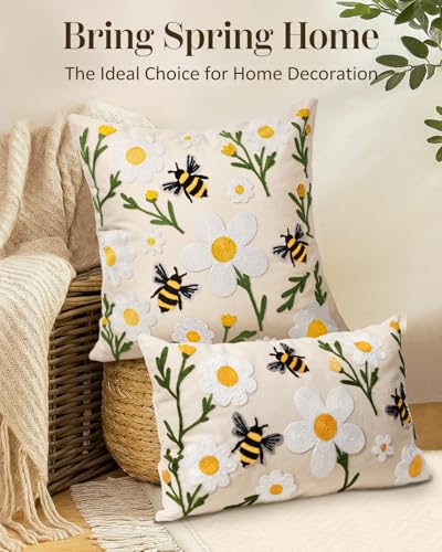 Embroidered Lumbar Pillow Cover 20x12 Inch, Flower Bee - color: Flower Bee, size: 20" x 12" (Pack of 1)