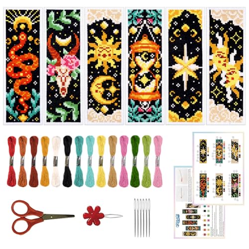 ORIGACH 6 Set Tarot The Sun and Star Cross Stitch Bookmark Kit for Beginner - style: Tarot