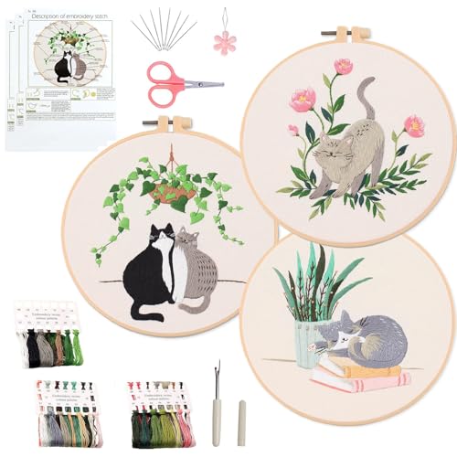 Ohcol 3 Sets Cat Embroidery Kit,Needlepoint Kits for Adults Beginner,Needle Point Sets with Washable Pre-Printed Pattern,1 Hoop,Women Hand Crafts - color: Q-Cat (3 Patterns, 1 Hoop + Extas)