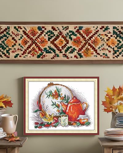 CaptainCrafts Cross Stitch Kits for Adults Stamped 11CT Tea Pattern - color: Cross Stitch and Afternoon Tea in Autumn, style: Stamped 11CT