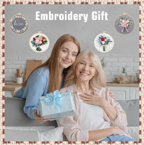 CanVrinxol 4 Sets Christmas Embroidery Kits for Adults Beginners, Cross Stitch Kits with Patterns, Hoops, Threads, Needles & Tools, DIY Craft Gift Ideas (Flower) - style: Flower